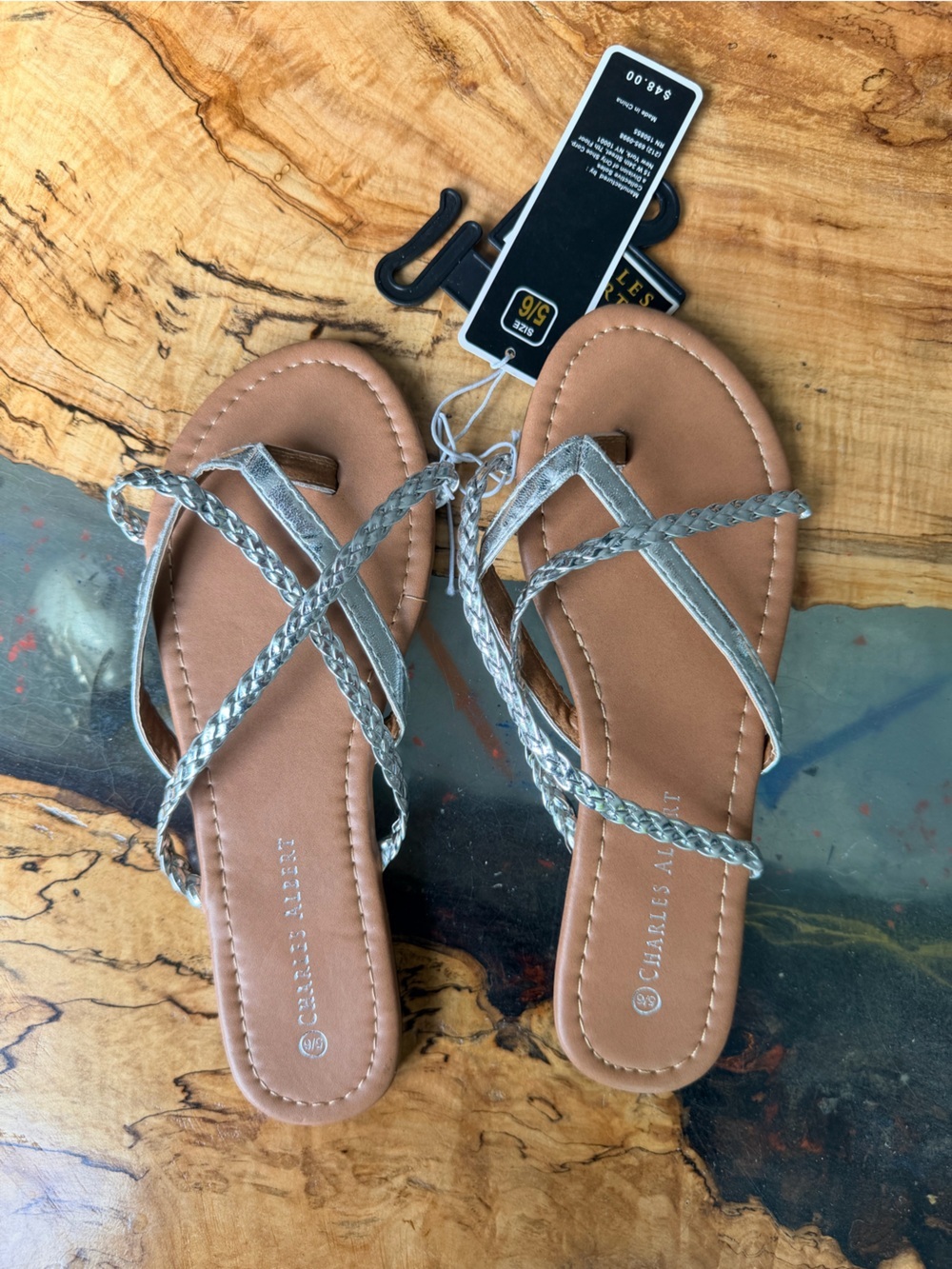 Charles Albert Silver Braided Sandals Womens 5/6 Metallic Thong Slide NWT